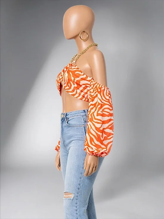 Orange Zebra Print Off-Shoulder Crop Top - Picture 2 of 13